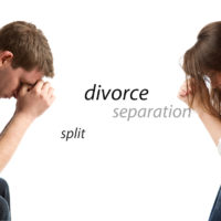 divorced couple with divorce captions in middle