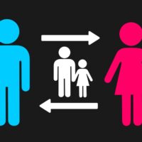 Alternating custody of minor child and kid after divorce breakup of family. Care and parenting is split and divided between mother and father. Simple vector illustration with pictograms