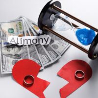 Word ALIMONY with broken heart, rings, hourglass and money on li