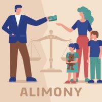 This colorful illustration shows a person who provides financial support alimony to their spouse and kids after divorce