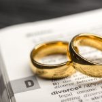 Divorce and separation concept. Two golden wedding rings. Dictionary definition