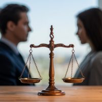A legal balance scale between a man and a woman suggesting a divorce or legal dispute concept