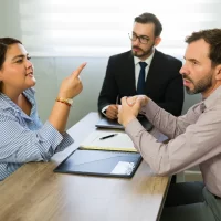 A woman in a striped shirt gestures while speaking passionately to two men in business attire across a table, conveying a serious discussion.