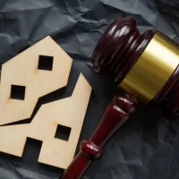 A wooden gavel lies next to a broken wooden house model on a crumpled black background. The scene symbolizes legal action in real estate disputes. A wooden gavel lies next to a broken wooden house model on a crumpled black background. The scene symbolizes legal action in real estate disputes.