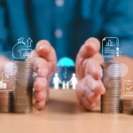 Divorce law and inheritance separation concept. Insurance plan protect family wealth. Hand separate saving money, finance inherit division, home loan, debt return, stack coin. Bank business investment