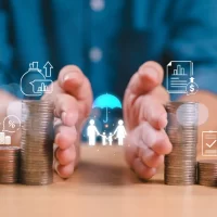 Divorce law and inheritance separation concept. Insurance plan protect family wealth. Hand separate saving money, finance inherit division, home loan, debt return, stack coin. Bank business investment