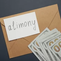 Envelope with word Alimony and money on dark blue background
