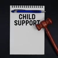 Notepad with "Child Support" text, blue pen on top, wooden judge’s gavel beside it, set against a black background. Legal, authoritative tone. Notepad with "Child Support" text, blue pen on top, wooden judge’s gavel beside it, set against a black background. Legal, authoritative tone.