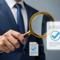 Professional auditor carefully inspecting digital documents for compliance with magnifying glass, ensuring accuracy and quality control in business process audit