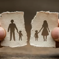 Two hands holding torn pieces of paper with separated family silhouettes symbolizing parental separation and child custody issues on wooden surface