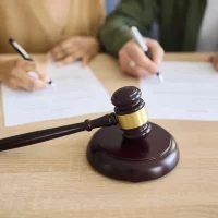 A couple signing divorce documents at court with a gavel in the foreground, representing legal family proceedings