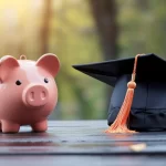Pink piggy bank and graduation cap on wooden table, symbolizing education savings and future goals