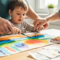 A young child painting a colorful watercolor landscape on paper while two adults guide their hands, with a bright window and art supplies on a wooden table.