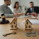 A legal professional meeting with a couple regarding a property division, illustrated with two small house models, a paper couple figure, a key, and coins on a wooden desk.