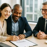 happy-couple-signing-prenuptial-agreement-with-advisor-in-modern-office