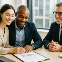 happy-couple-signing-prenuptial-agreement-with-advisor-in-modern-office happy-couple-signing-prenuptial-agreement-with-advisor-in-modern-office