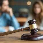 Divorce and legal separation concept with wooden gavel in focus.