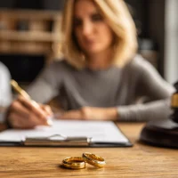 divorce-agreement-signing-scene-with-woman-holding-pen-in-a-modern-law-office-with-blurred-spouse-in-background
