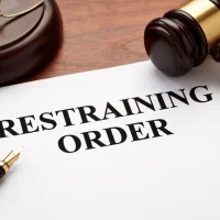 Restraining order legal document on a wooden desk with judge gavel and pen